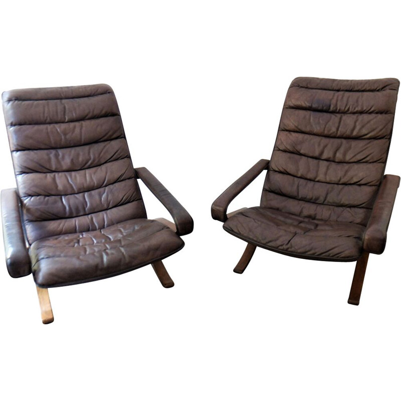 Paire de fauteuils vintage pour Westnofa en cuir marron 1970