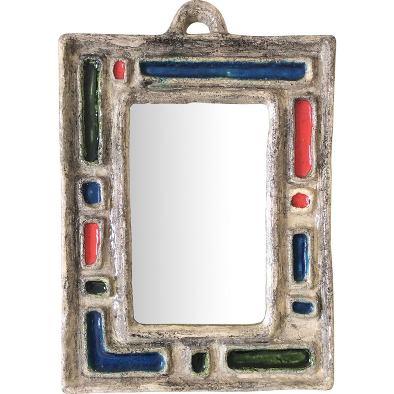 French vintage mirror in enamelled ceramic 1950