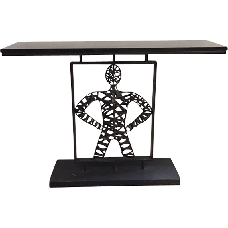 French vintage console table in marble and black metal 1990