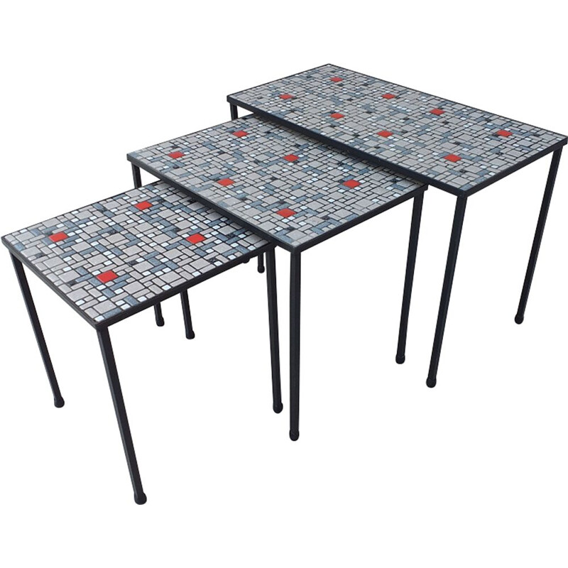 Vintage belgian nesting tables in blue and red ceramics and iron 1960