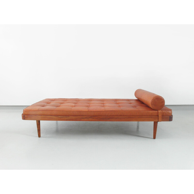 Vintage Daybed in Solid Teak with Cognac Leather Mattress by Horsnaes Møbler, Denmark, circa 1956