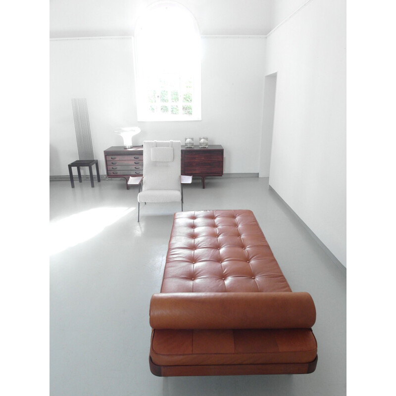 Vintage Daybed in Solid Teak with Cognac Leather Mattress by Horsnaes Møbler, Denmark, circa 1956