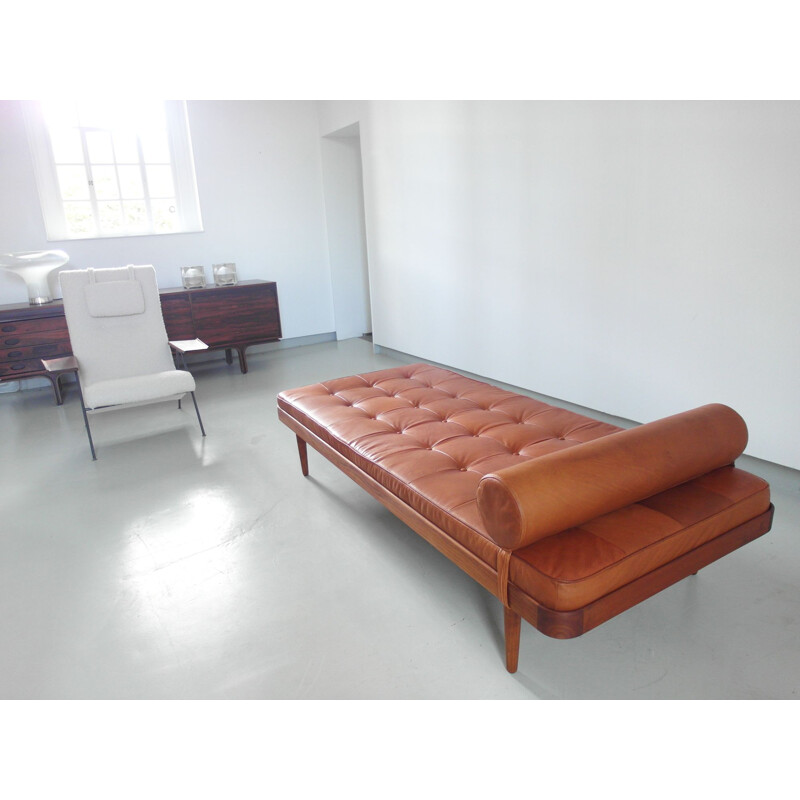 Vintage Daybed in Solid Teak with Cognac Leather Mattress by Horsnaes Møbler, Denmark, circa 1956