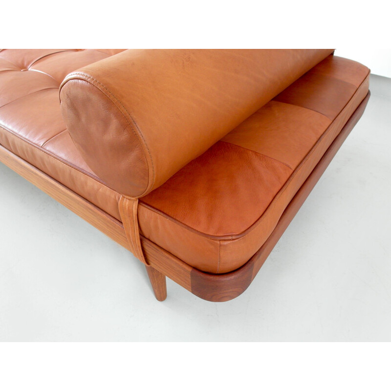 Vintage Daybed in Solid Teak with Cognac Leather Mattress by Horsnaes Møbler, Denmark, circa 1956