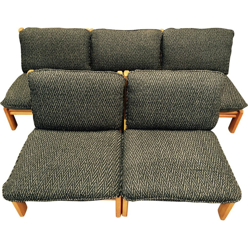 Set of 5 vintage armchairs modular in oak, Scandinavian 1960s