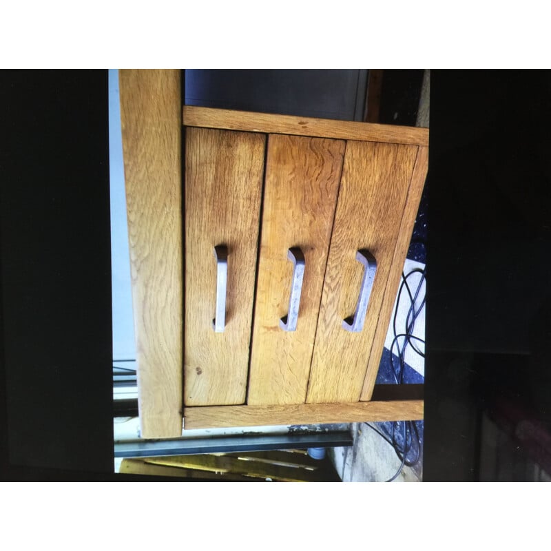 Vintage solid oak desk with black melamine top by Jean Domps