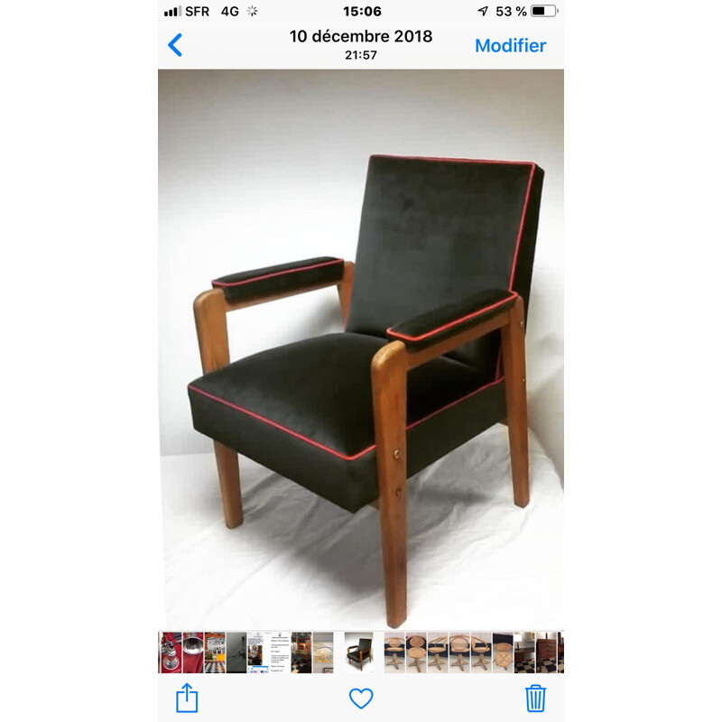 Vintage armchair in solid oak with grey and coral velvet upholstery by Marcel Gascoin