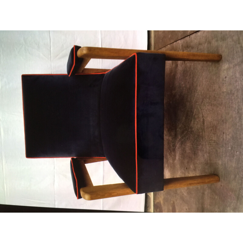 Vintage armchair in solid oak with grey and coral velvet upholstery by Marcel Gascoin