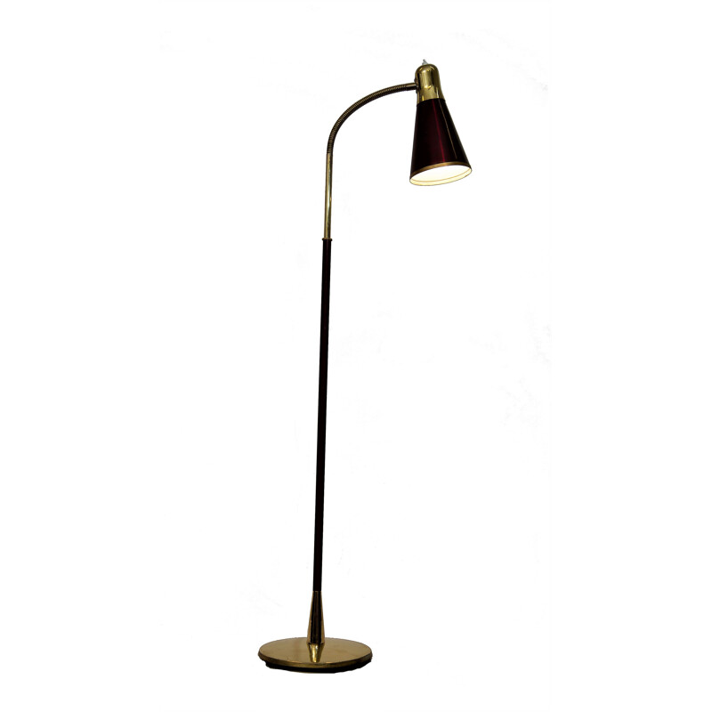 Birger Dahl polished brass and dark red enamel floor lamp by Sønnico Norway 1955