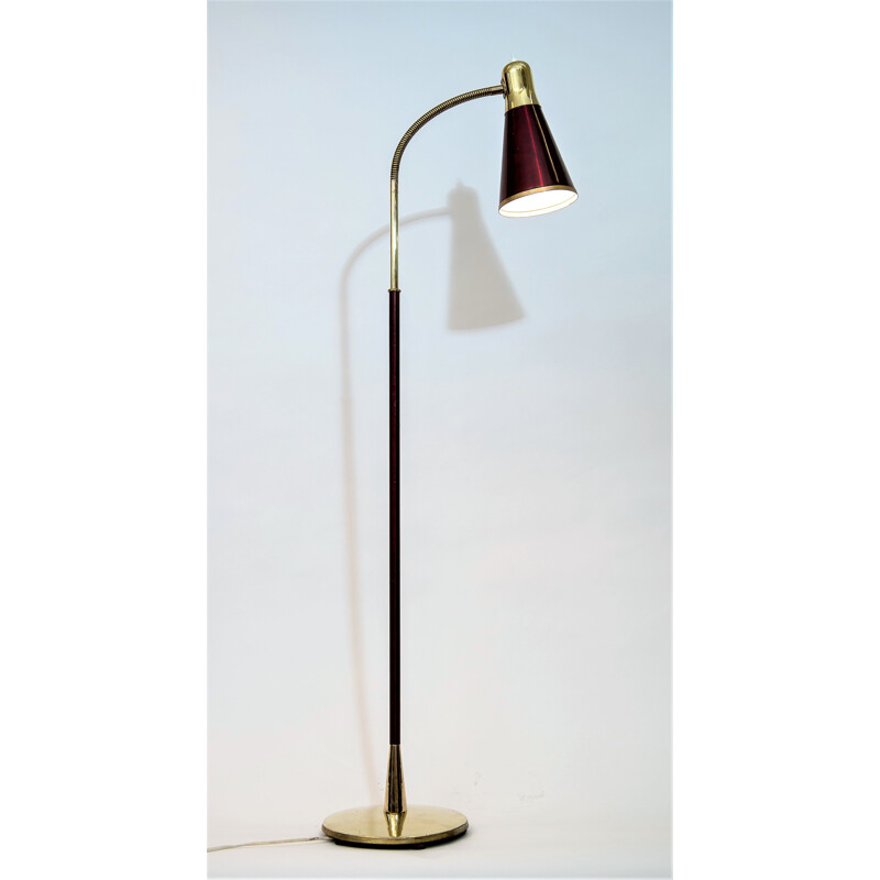 Birger Dahl polished brass and dark red enamel floor lamp by Sønnico Norway 1955