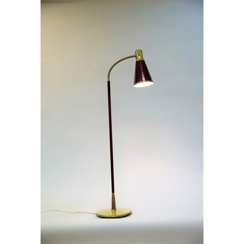 Birger Dahl polished brass and dark red enamel floor lamp by Sønnico Norway 1955