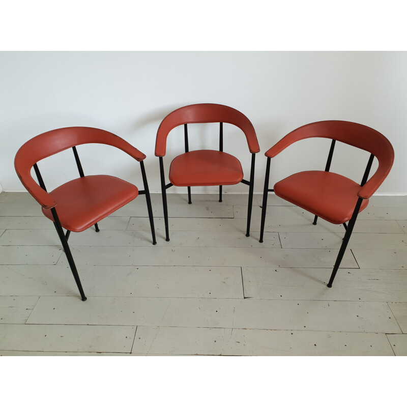 Set of 3 vintage Italian red leather chairs 1960