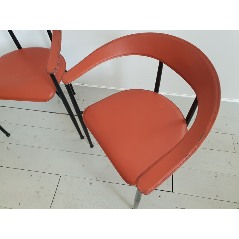 Set of 3 vintage Italian red leather chairs 1960