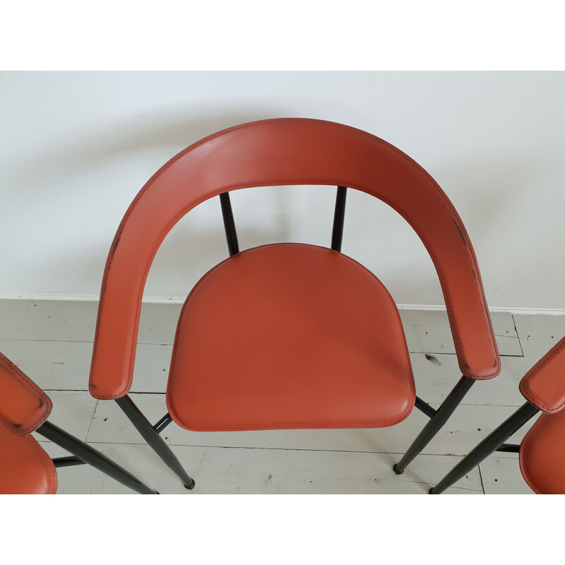 Set of 3 vintage Italian red leather chairs 1960