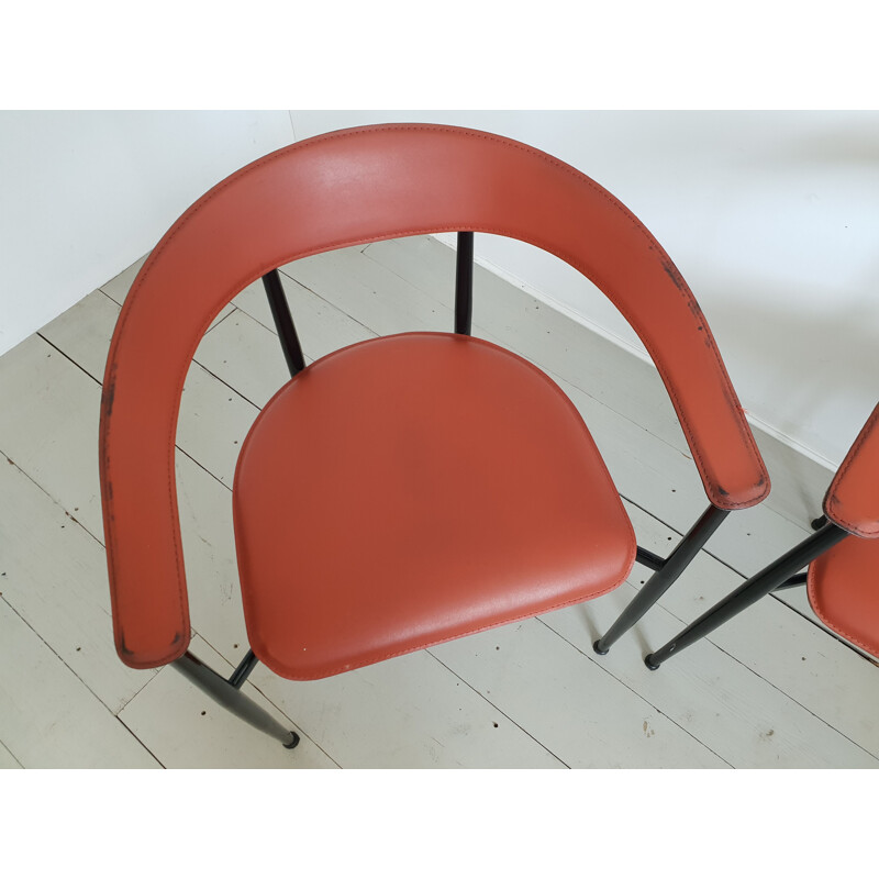 Set of 3 vintage Italian red leather chairs 1960