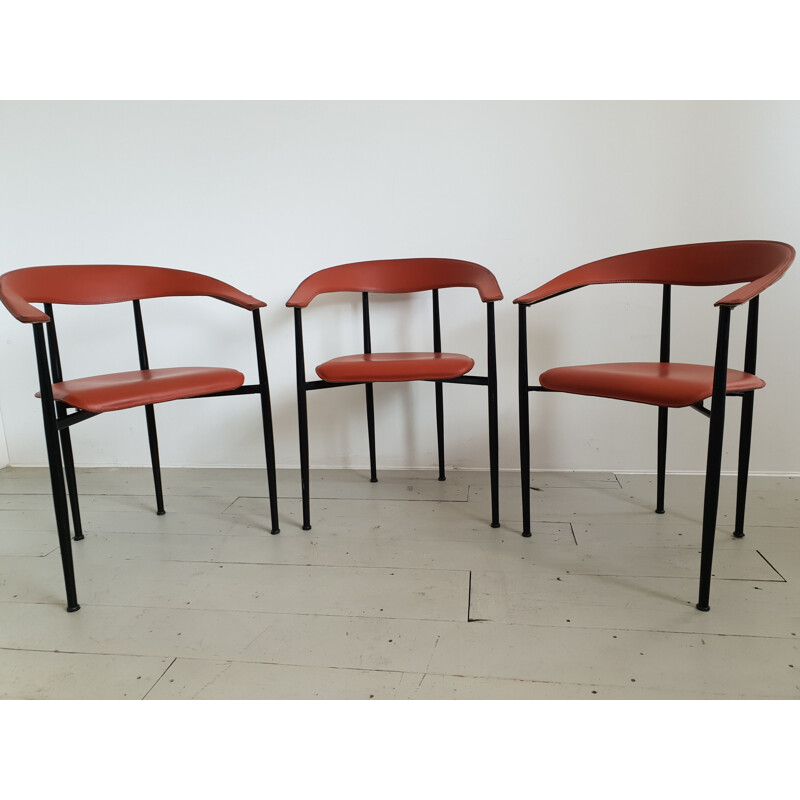 Set of 3 vintage Italian red leather chairs 1960