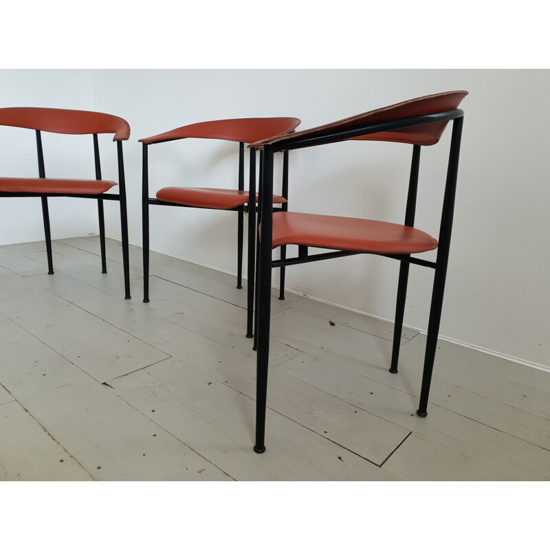 Set of 3 vintage Italian red leather chairs 1960