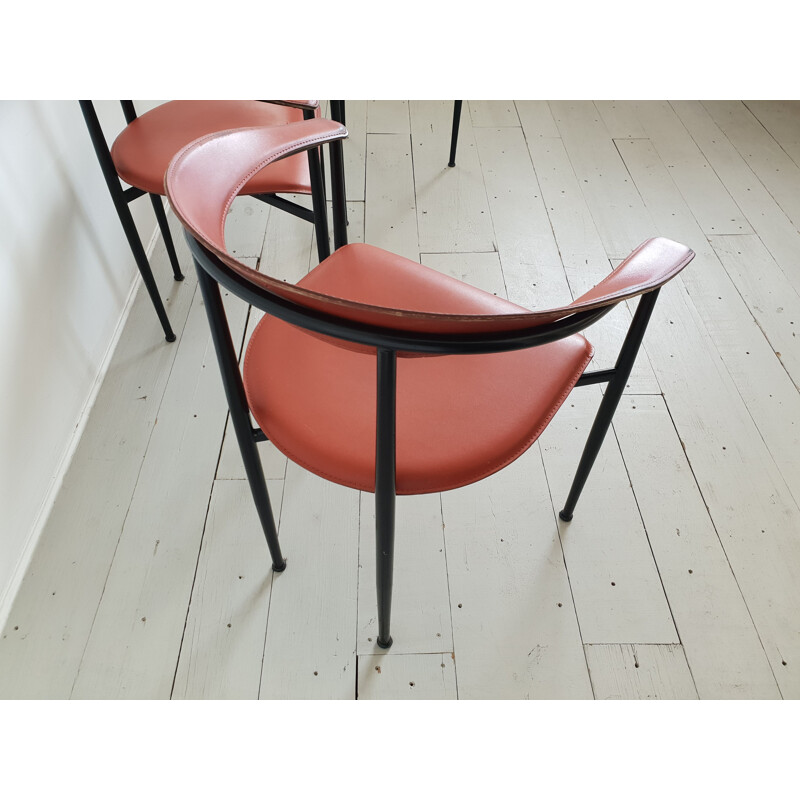 Set of 3 vintage Italian red leather chairs 1960