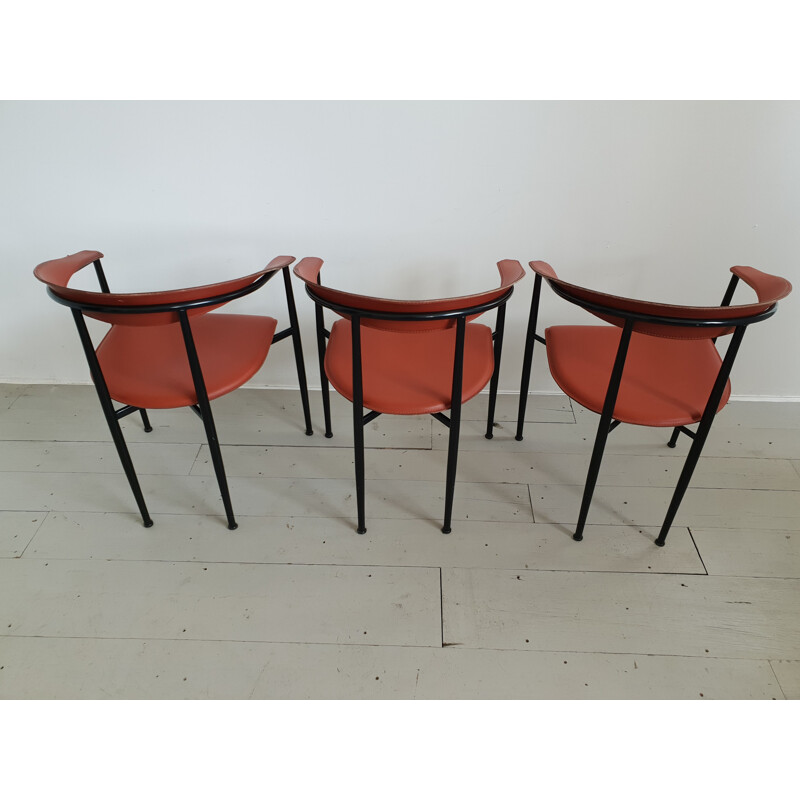 Set of 3 vintage Italian red leather chairs 1960