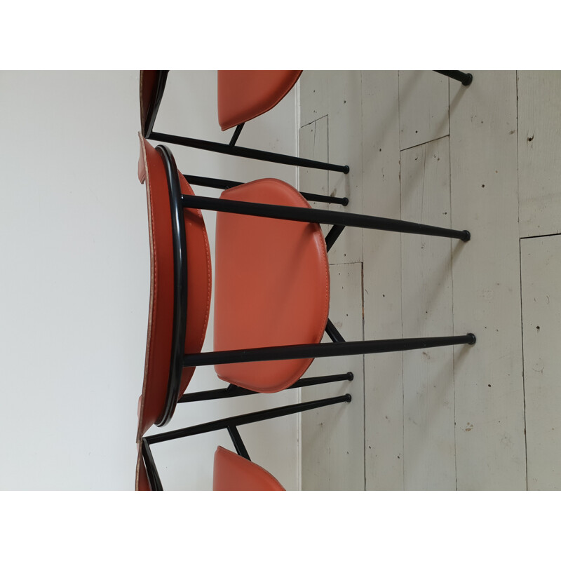 Ensemble de 3 chaises vintage italiennes en cuir rouge 1960