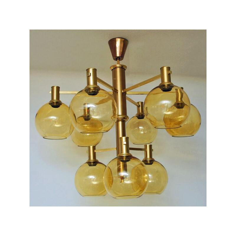 Vintage brass and glass ceiling lamp with golden domes 1960s 