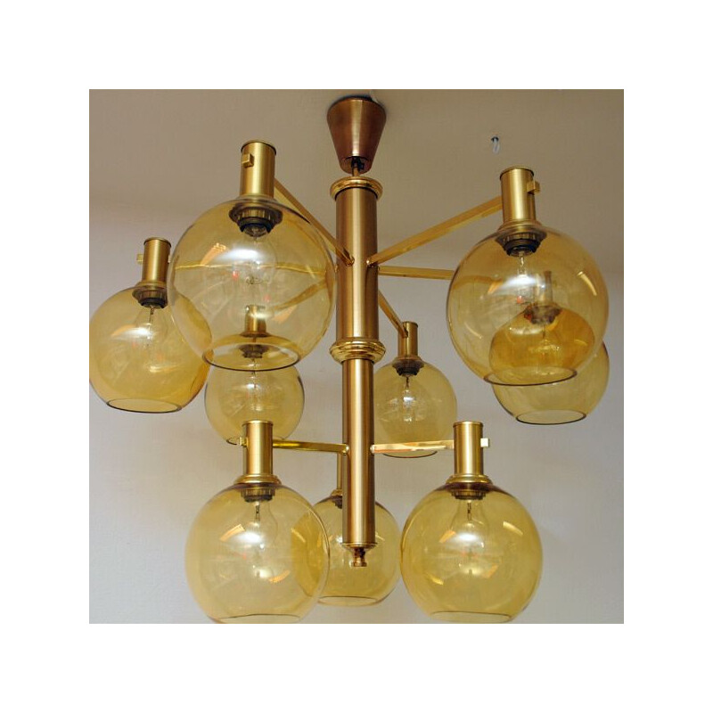 Vintage brass and glass ceiling lamp with golden domes 1960s 