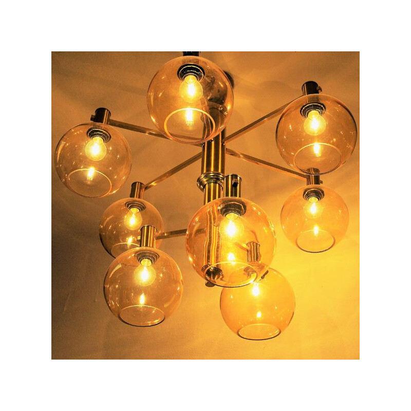 Vintage brass and glass ceiling lamp with golden domes 1960s 