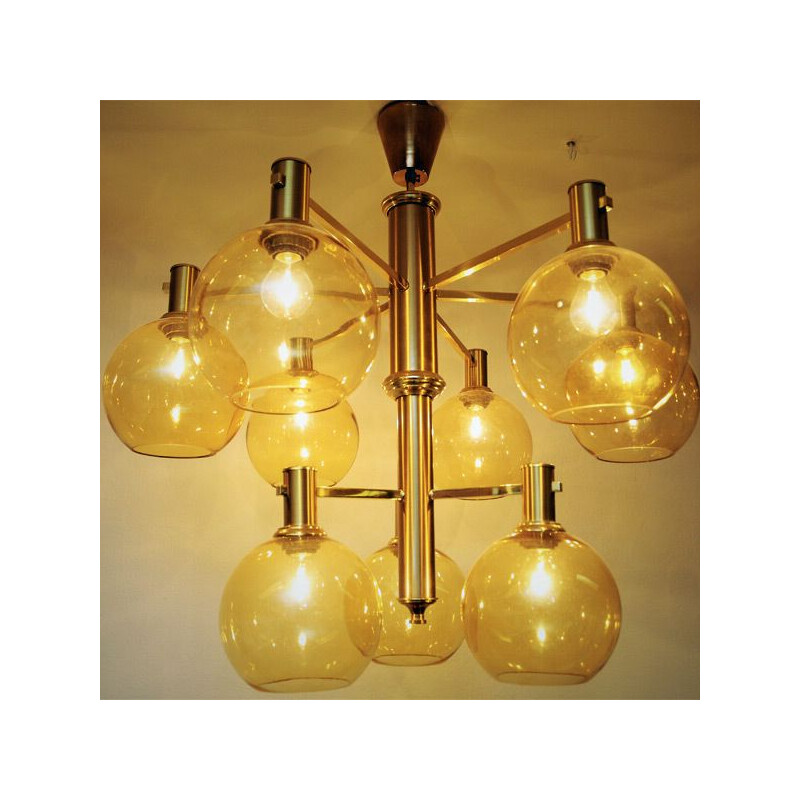 Vintage brass and glass ceiling lamp with golden domes 1960s 