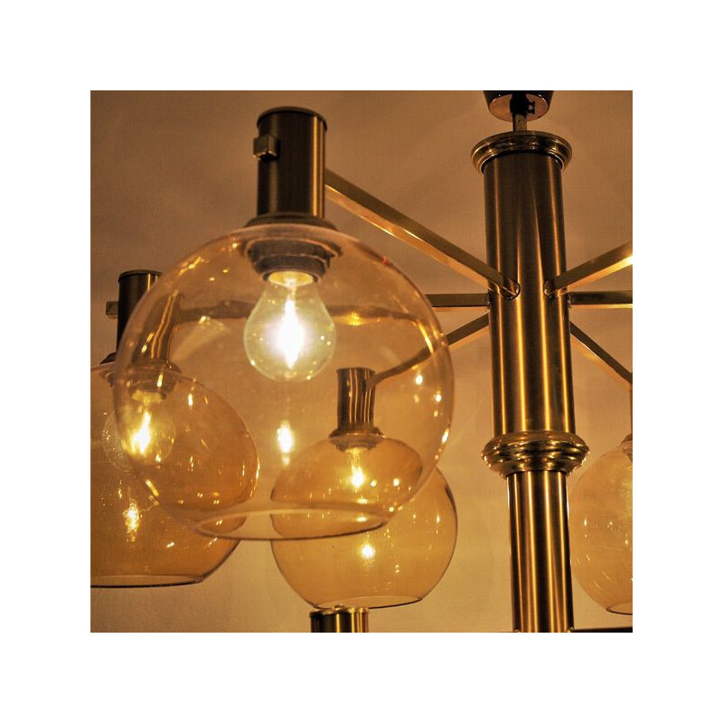 Vintage brass and glass ceiling lamp with golden domes 1960s 