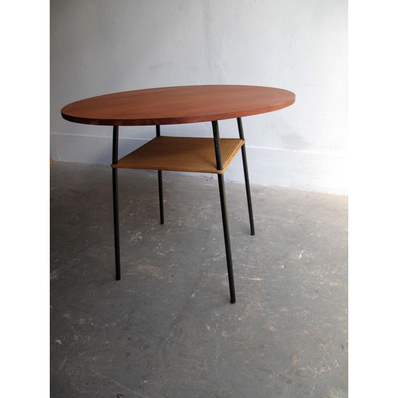 Vintage teak and rattan coffee table with metal base 1950