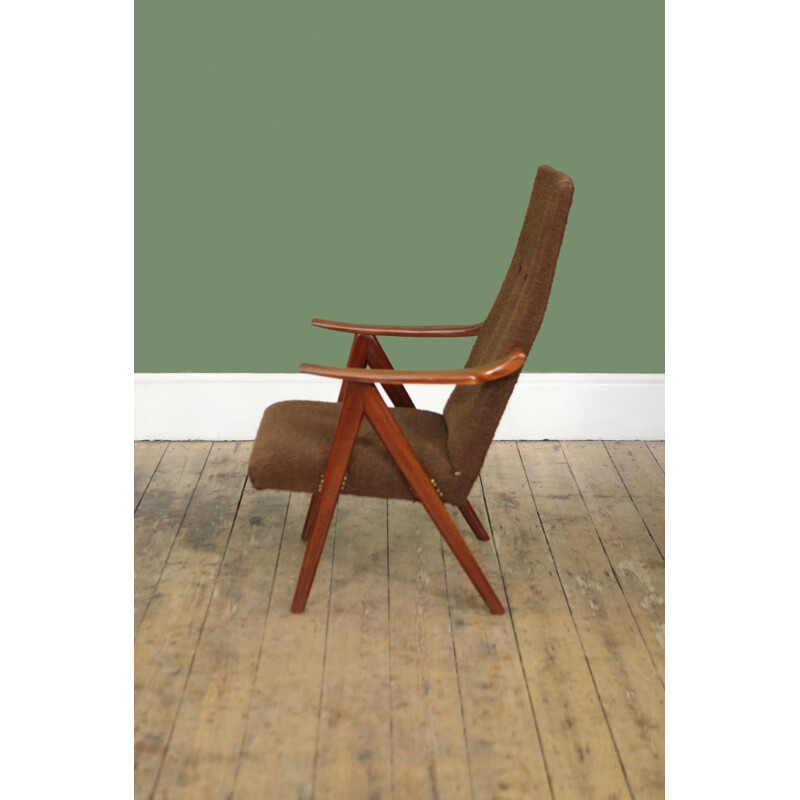 Dutch armchair in teak and brown fabric