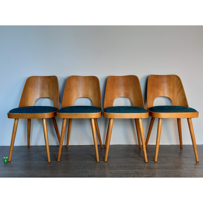 Ensemble de 4 chaises vintage pour TON en hêtre et tissu bleu 1960