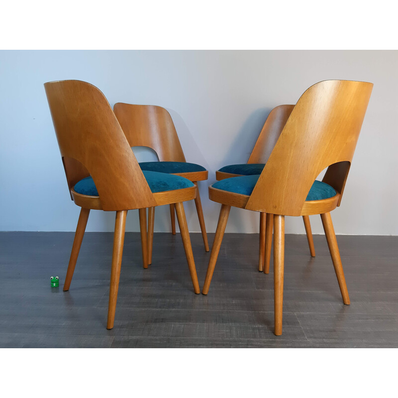 Set of 4 vintage chairs for TOn in beech and blue fabric 1960