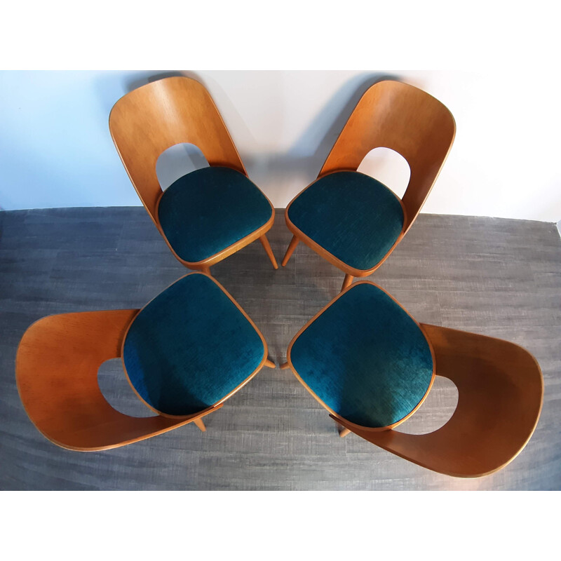 Set of 4 vintage chairs for TOn in beech and blue fabric 1960