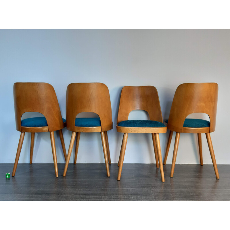 Ensemble de 4 chaises vintage pour TON en hêtre et tissu bleu 1960