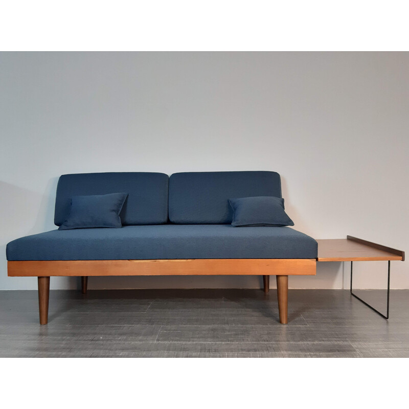 Vintage scandinavian sofa for Ekornes Svane in teak and blue fabric 1960