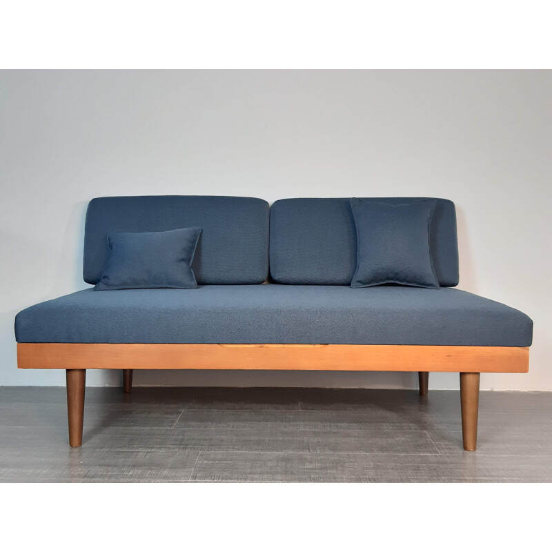 Vintage scandinavian sofa for Ekornes Svane in teak and blue fabric 1960