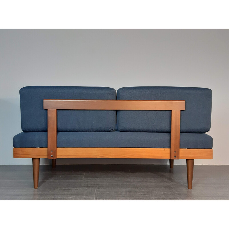 Vintage scandinavian sofa for Ekornes Svane in teak and blue fabric 1960