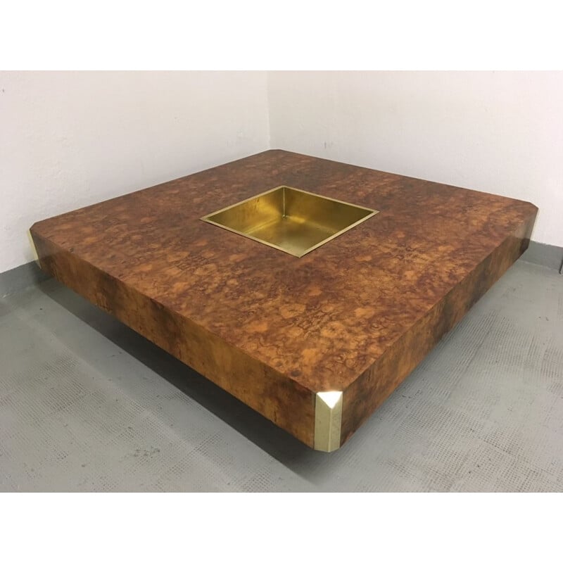 Vintage Alveo coffee table for Mario Sabot in burlwood and brass 1970