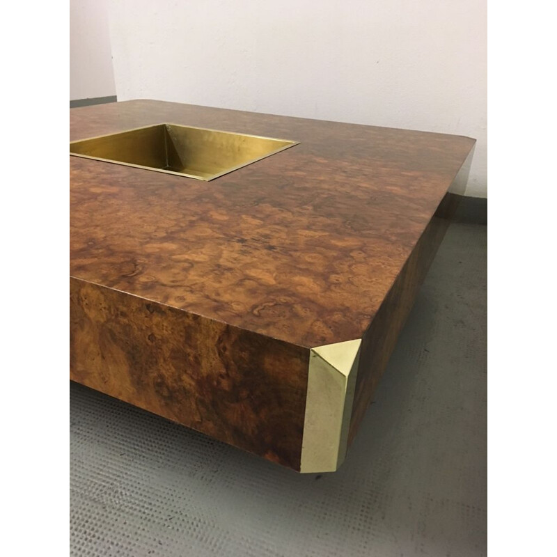 Vintage Alveo coffee table for Mario Sabot in burlwood and brass 1970