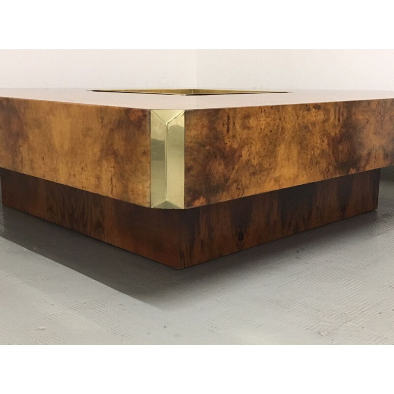 Vintage Alveo coffee table for Mario Sabot in burlwood and brass 1970