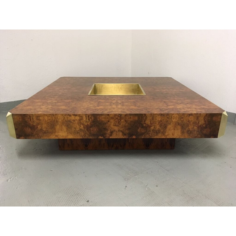 Vintage Alveo coffee table for Mario Sabot in burlwood and brass 1970