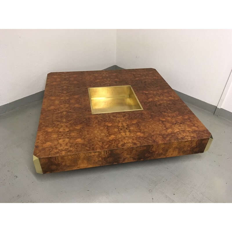 Vintage Alveo coffee table for Mario Sabot in burlwood and brass 1970