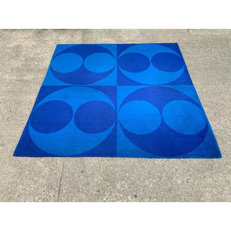 Tapis vintage pop en laine bleue 1970