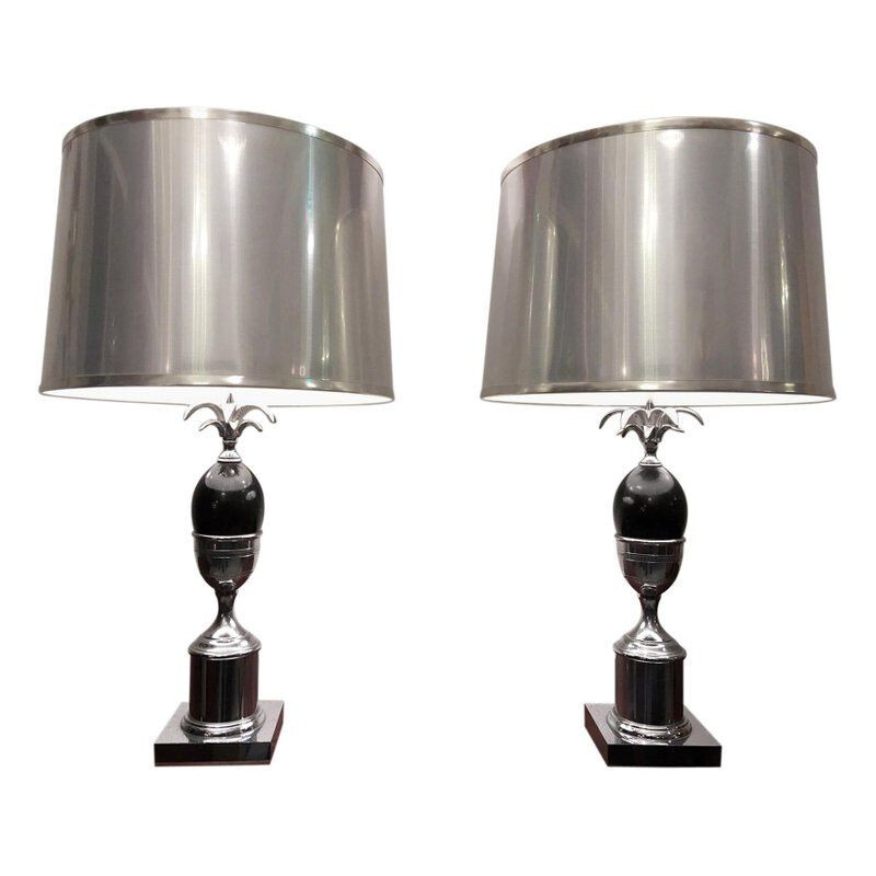 Pair of vintage French lamps in chromed metal and plastic, 1970