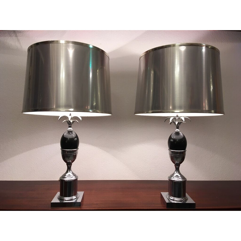 Pair of vintage French lamps in chromed metal and plastic, 1970