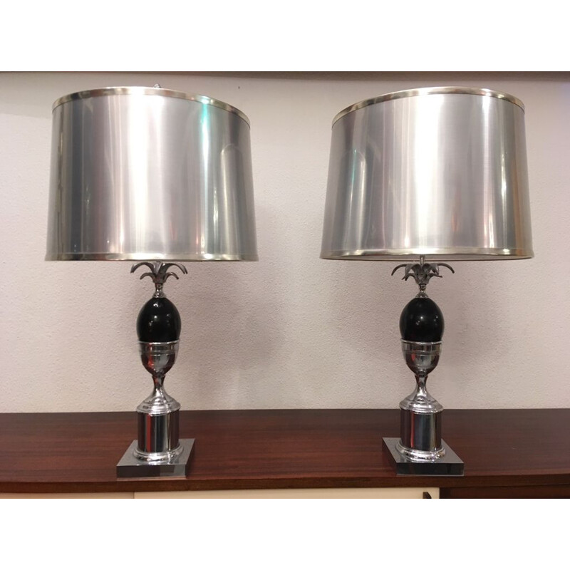 Pair of vintage French lamps in chromed metal and plastic, 1970