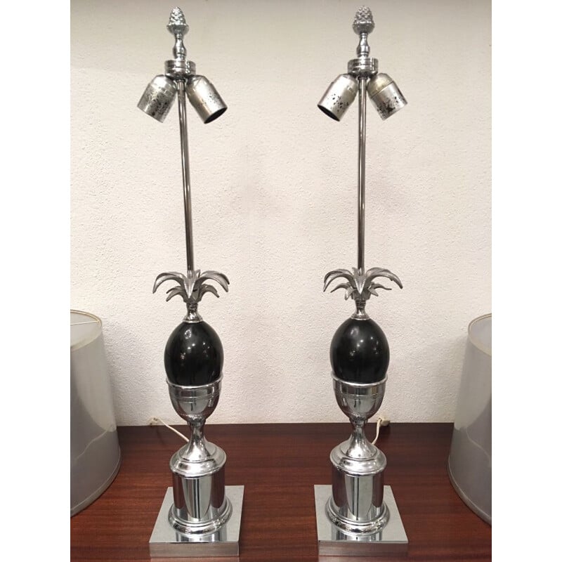 Pair of vintage French lamps in chromed metal and plastic, 1970