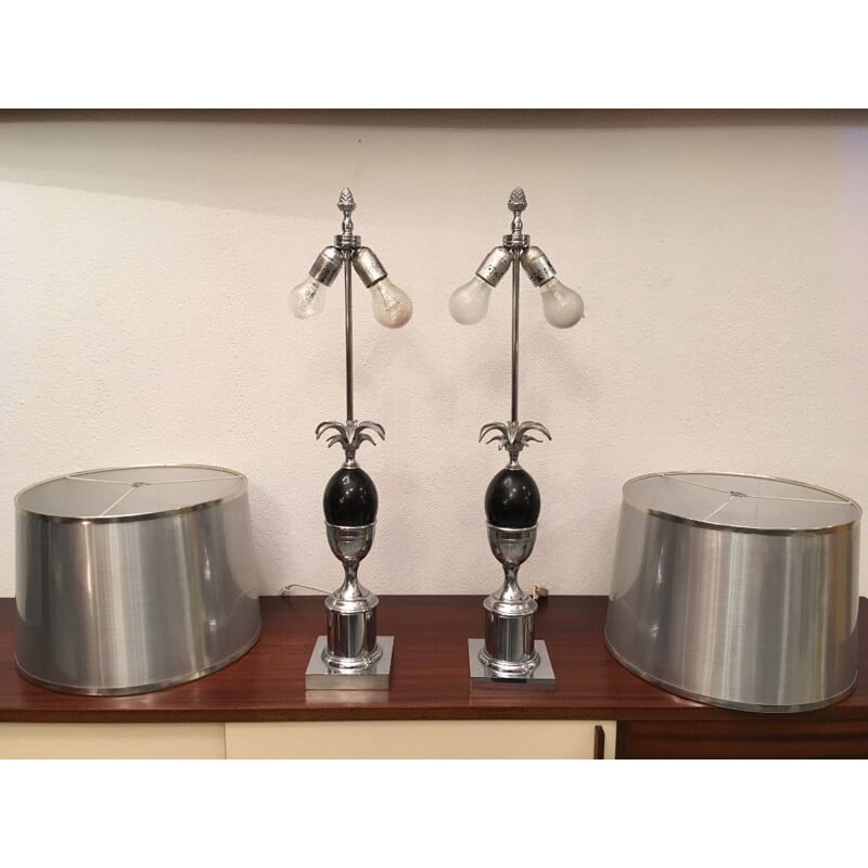 Pair of vintage French lamps in chromed metal and plastic, 1970