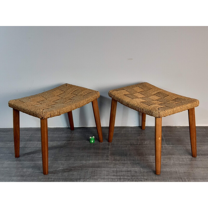 Pair of vintage wooden and rope stools 1960